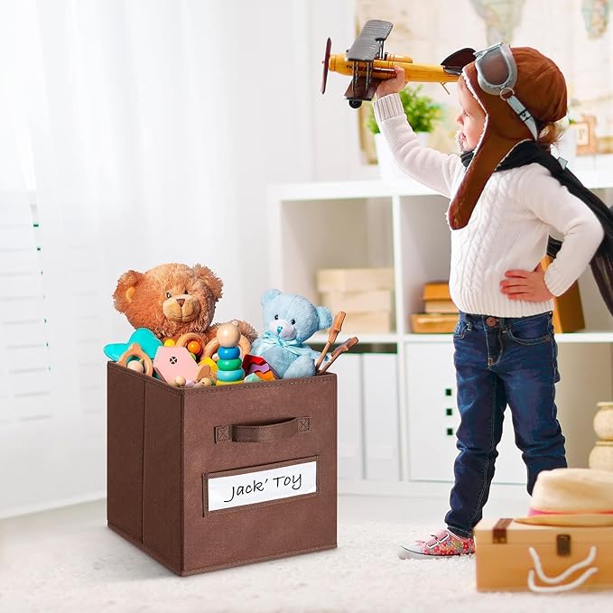 13x13x13 storage cube bins (Set of 10) Fabric storage cubes with 10 Labels Window Cards & a Pen, storage cubes 13x13, Collapsible 13 inch cube storage bins, Cubby Organizer Boxes, Brown