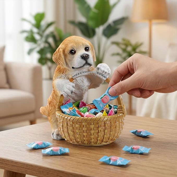 Cute Golden Retriever Candy Bowl, Resin Dog Figurine Key Bowl for Entryway Table, Desktop Storage Basket Organizer for Desk, Unique Dog Lover Gift