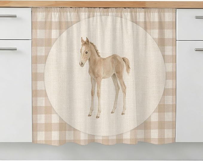 Graceful Pony Oven Skirt Curtain for Kitchen Decor 28"x35", Retro Natural Horse Farmhouse Plaid Rustic Self Adhesive Stove Curtains Skirt Cabinet Curtains for Bathroom Laundry Room