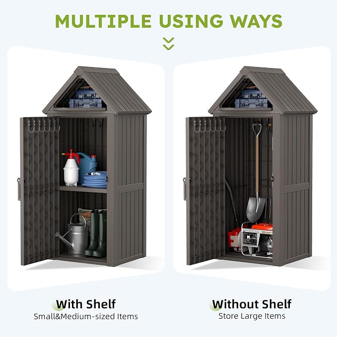 Vertical Outdoor Storage Shed, Waterproof Resin Outdoor Storage Cabinet with Removable Shelves & 12 Hooks, Lockable Small Tool Shed for Garden, Backyard, Patio, Pool, Gray