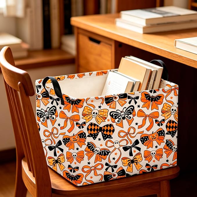 CLOCOR Rectangular Storage Basket,Collapsible Cute Pattern Storage Bin,Waterproof Books Box with Handles,Gift Basket(Halloween Bowknot)