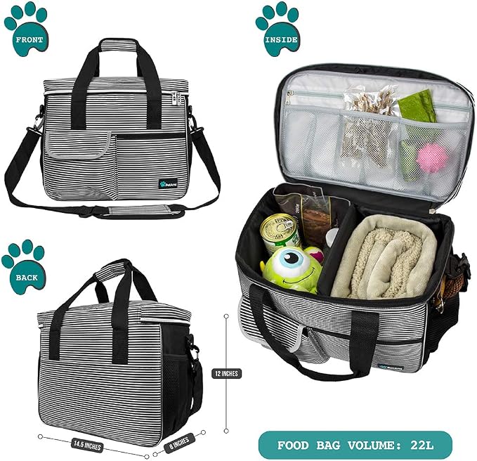PetAmi Dog Travel Bag Organizer, Pet Supplies Tote, Stripe Black Medium | Pet Travel Kit with 2 Food Containers & 2 Collapsible Dog Bowls, Luggage Sleeve, Weekend Getaway Road Trip Camping Essentials