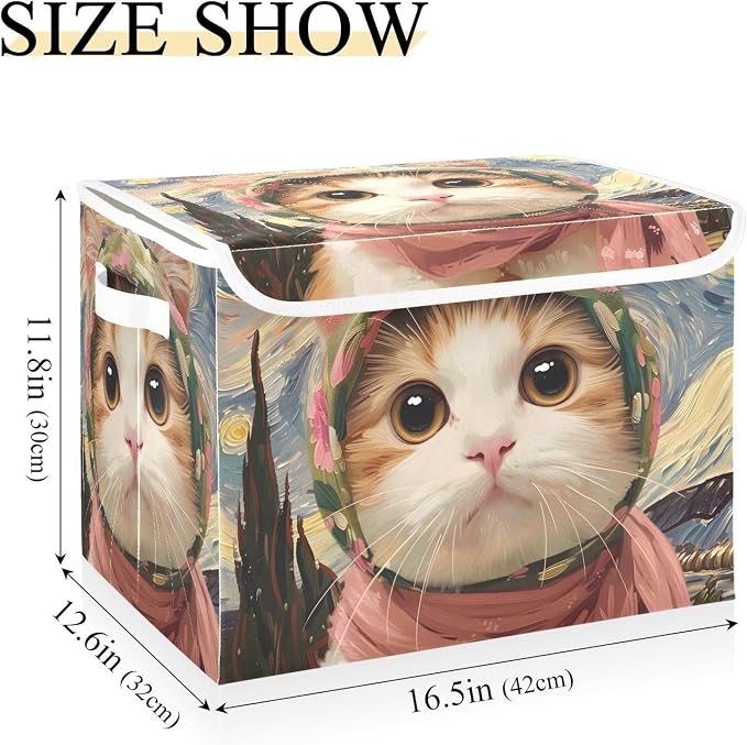 Cat Pet Storage Bins with Lids Closet Bedroom 40L Storage Basket | Decorative Storage Boxes, Foldable & Stackable, Dust-Proof Flip Top, Reinforced Handles, For Home & Dorm, Clothes & Toy Box