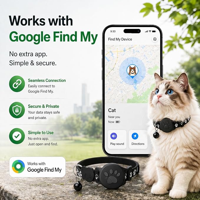 GPS Tracker for Cats, Cat Collar with Tracker for Android Users – No Monthly Fee, Google Find Hub Cat GPS Tracker Collar, IP67 Waterproof, Replaceable Battery Lasts 1 Year (Not Standalone GPS) (Black)