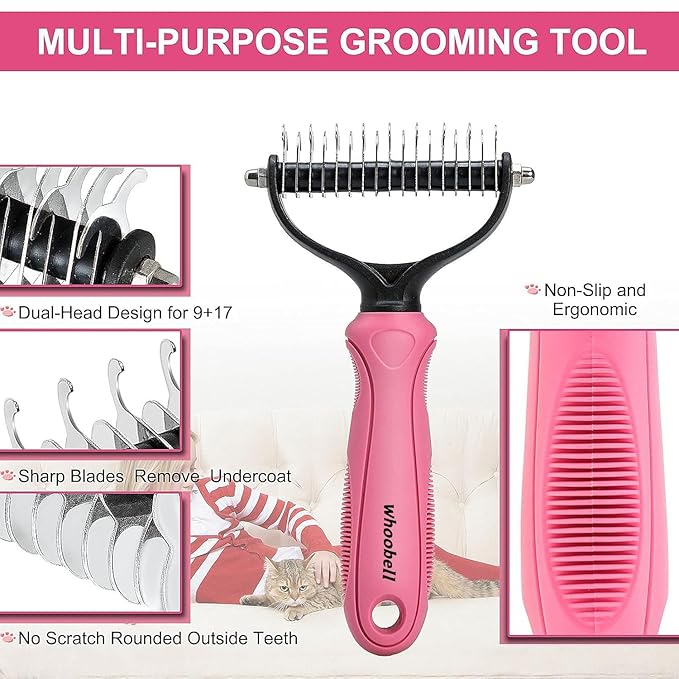 Undercoat Rake for Dogs, whoobell 2 Side Undercoat Brush for Deshedding and Dematting for Dog Cat Rabbit, Professional Pet Grooming HairTools, Removes Loose Undercoat and Nasty Shedding