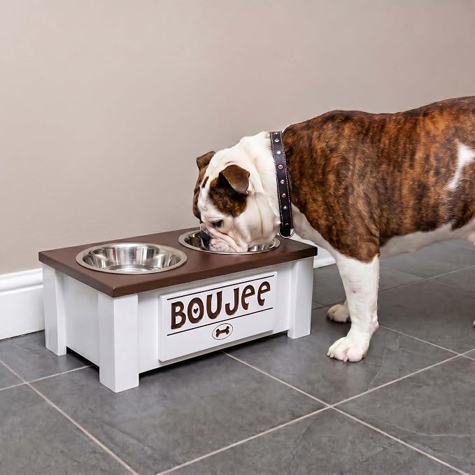Elevated Dog Bowls for Small Dogs, Personalized Food Stand for Small Breed | Farmhouse Style, Elevated Wood Stand, Storage Container, Stainless Steel Bowls, Raised Anti-Slip Feeder, Made in USA