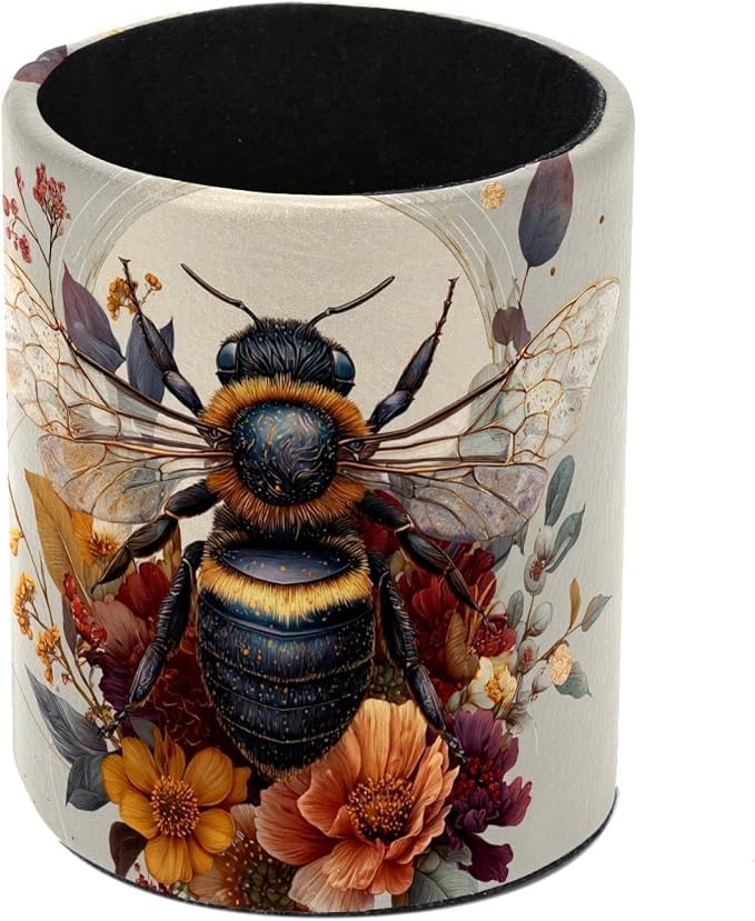 Faux Leather Pen Holder for Desk, Pencil Organizer Cute Bee Pen Cup Desk Decor Makeup Brush Holder Storage for Office Home