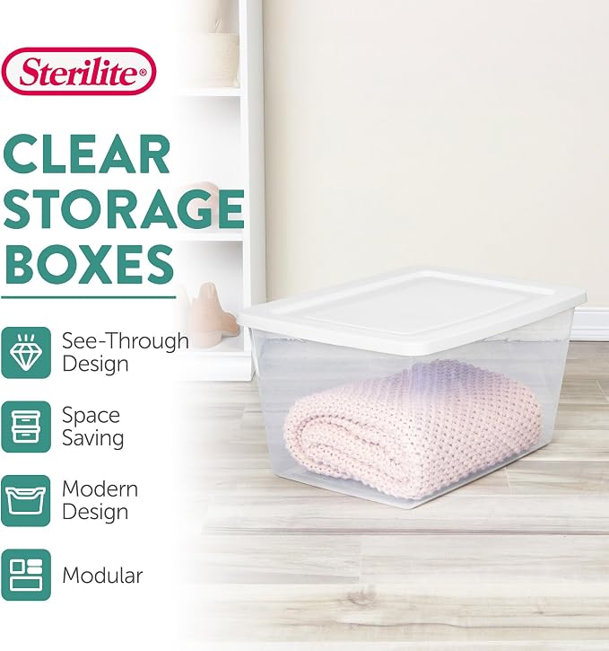 Sterilite Clear Storage Box Stackable Tote, 58 Quart, 16-Pack | Clear Plastic Container with Secure Snapping Lids for Home and Office Organization, White
