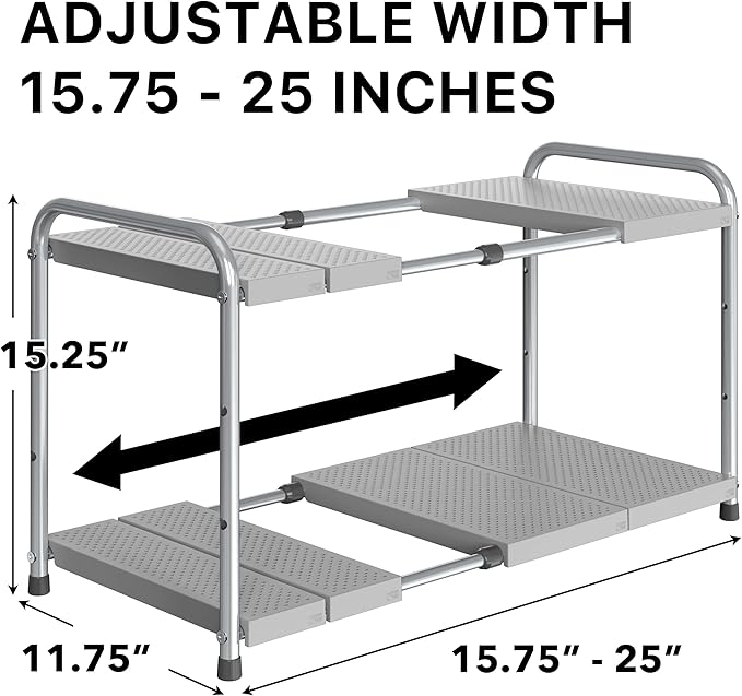 Simple Houseware Under Sink 2-Tier Heavy Duty Expandable Organizer, Silver | Adjustable Width 15.75–25 Inches with 4 Shelf Height Levels