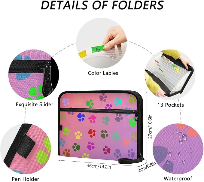 13 Pocket Zipper Expanding File Folder A4 Dog Paw Print Colorful | Accordion File Organizer with Front Pouch A4 Letter Size Portable Folders for Documents Receipt School Office Supplies