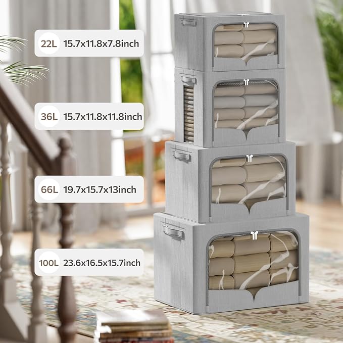 FHSQX 3 Pack Clothes Storage Bins with Metal Frame-36L | 15.7x11.8x11.8inch,Portable, Large Clear Window, Stackable, Durable Handles, Foldable, Linen Fabric