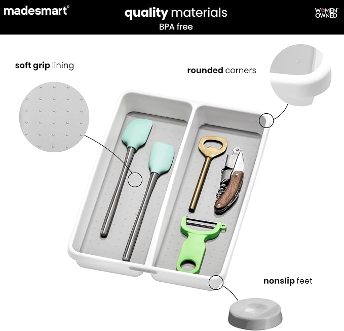 madesmart Classic 2 Compartment Compact Utensil Tray, White | non slip feet, rounded corners, soft grip lining, wide channels, spatulas whisks tongs, ladles serving spoons, woman owned