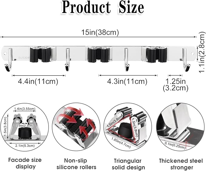 2 Pack Broom Holder Wall Mount, 3 Racks 4 Hooks Mop and Broom Organizer | Mop Holder Wall Mount and Broom Hanger for Garage, Laundry Room, Kitchen and Utility Storage