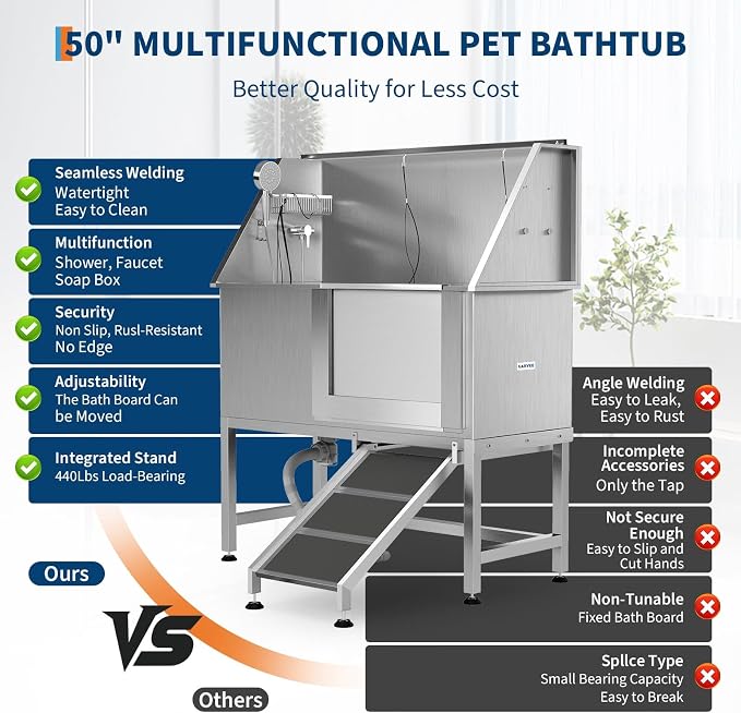 Garvee 50in Stainless Steel Dog Washing Station with Ramp Pet Grooming Tub | 330lb weight capacity, triple splash baffles, removable drain grate, adjustable platform