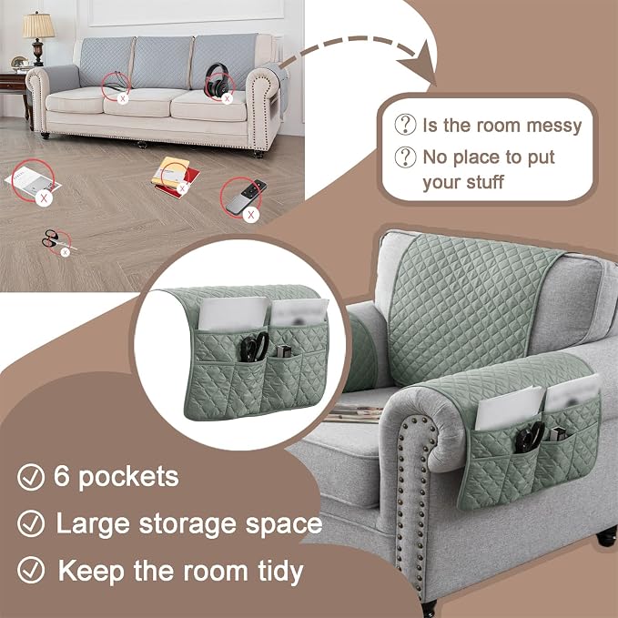 Water-Resistant Sofa Armrest and Headrest Covers with Side Pocket | Keep remotes close quilted polyester helps guard against wear, pet scratches, and kids' messes silicone backing adds grip