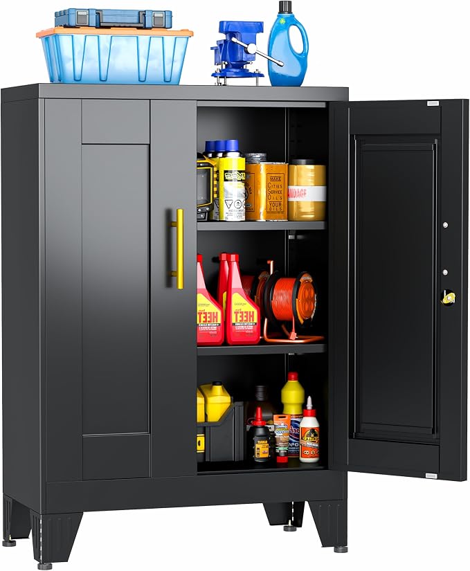 Small Metal Storage Cabinet, Lockable Tool Cabinet with Doors and 2 Shelves | Compact 23.6-Inch Width, 2 Adjustable Shelves, Locking Doors, Magnetic Closure, Adjustable Feet, Cold-Rolled Steel
