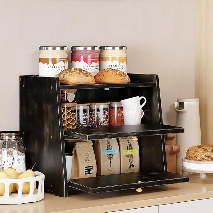 Trironsun Vintage Double Layer Bread Box for Kitchen Counter Bamboo Bread Storage Container Large Capacity Bread Storage Bin (Antique Black)