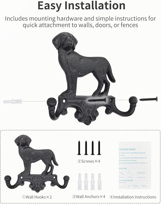 Cast Iron Dog Wall Hooks for Hanging, Heavy Duty Dog Leash Holder for Wall Mount Coat Hooks Decorative Key Hanger Vintage Farmhouse Entryway Cute Animal Decor Rustic Black 2 Pack