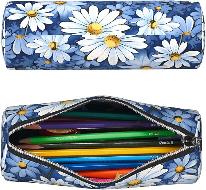 OSAM SPACE Leather Pencil Case Round Pencil Bag Daisy Blue Pen Organizer Holder Portable Zipper Pouch Cute School Supplies for Girls Boys Study Office