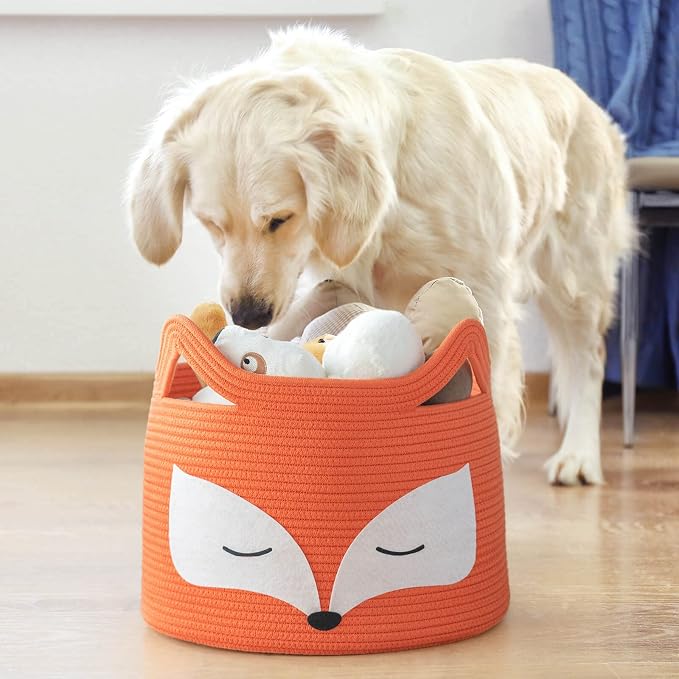 Fox Large Woven Rope Toy Basket for Home Décor, Orange | 15.7" x 11.8" Animal Toy Bin for Living Room Nursery, Baby Storage Basket for Towels, Blankets, with Sturdy Handles