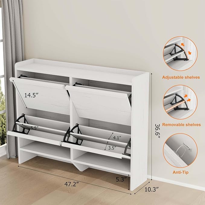 GarveeHome Shoe Cabinet with 4 Flip Drawers, Wooden Shoe Organizer Cabinet with Adjustable Shelf, Shoe Storage for Entryway, Hidden Shoe Cabinet for Hallway, Living Room, White