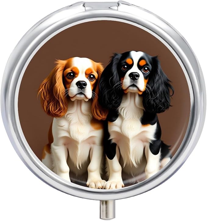 Cute Pet Dog Metal Pill Organizer with Mirror, 3-Compartment Travel Pill Box, 2-Inch Round Pocket Medicine Case with Secure Latch, Portable Vitamin Holder for Women & Men