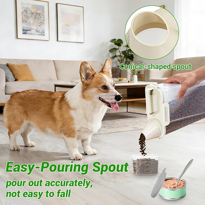 Cat Dog Food Storage Container, 3–5Lbs Portable Pet Food Storage Containers with Cup & Silicone Can Lids for Canned Food Spoon, Small Animal Kibble Dispenser for Bird Seed Cereals Clear/Beige