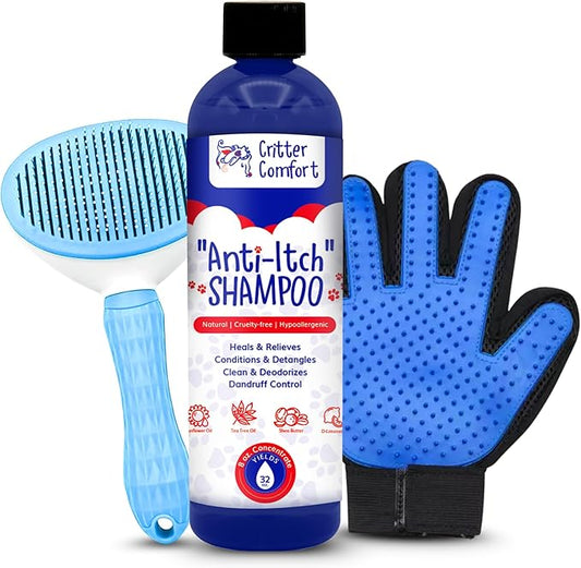 Premium Dog Grooming Kit – Tea Tree Oil (1%) Anti-Itch Shampoo, Self-Cleaning Slicker Brush & Grooming Glove – Skin Support & Coat Maintenance System