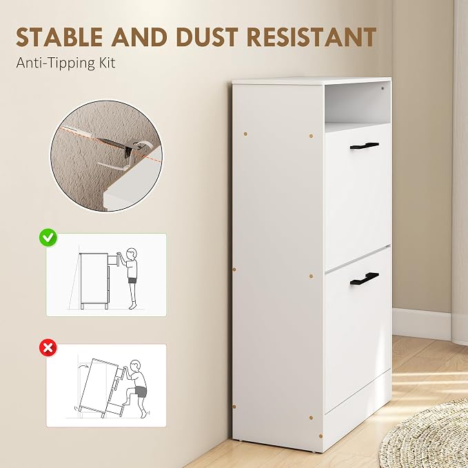 HOMCOM Shoe Cabinet with 2 Flip Drawers, Open Shelf, up to 12 Pairs, White | Narrow Storage Cabinet, Adjustable Dividers, Entryway Shoe Storage Unit, for Hallway