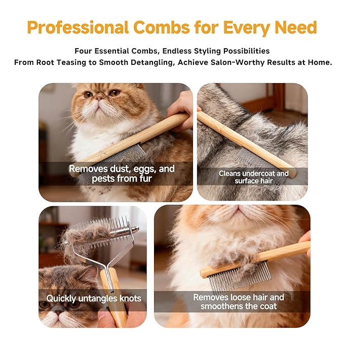 Bamboo 4-in-1 Cat Brush for Long Haired Cats, Professional Cat & Dog Deshedding Comb, Undercoat Rake Dematting Tool for Matting & Shedding, Complete Pet Grooming Kit for Indoor Cats