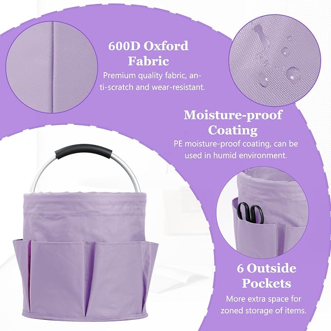 2Pcs 17L Collapsible Cleaning Supplies Caddy with Handle for Travel, Purple | IHOMAGIC 6-Pocket 600D Oxford Shower Caddy & Storage Organizer, Portable Tote for Cleaning Gardening