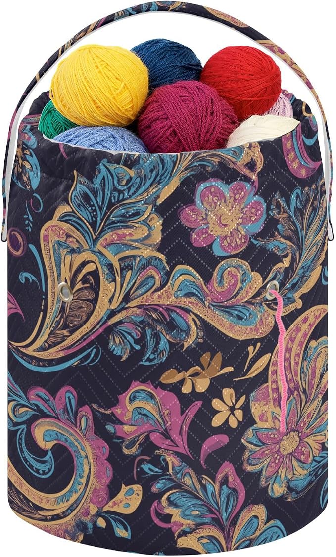 Fustylead Beautiful Pink Blue Paisley Floral Pattern Knitting Yarn Storage Tote Basket, Durable Polyester Large Crochet Drawstring Bag for Crocheting Project, Sewing Supplies, Needles