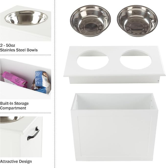 Elevated Dog Bowls with Storage - 16-Inch-Tall Feeding Tray with Hidden Storage Space for Pet Supplies - 50oz Capacity Bowls by PETMAKER (White)