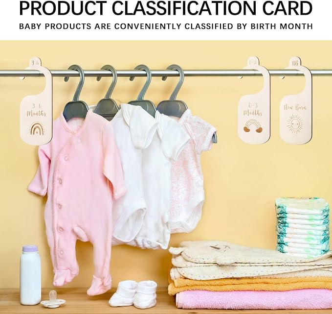 Baby Closet Dividers, 7-Piece Double-Sided Set, Newborn to 24 Months | Double-sided size labels organize outfits by stage, helping parents find newborn through 24-month clothing at a glance.