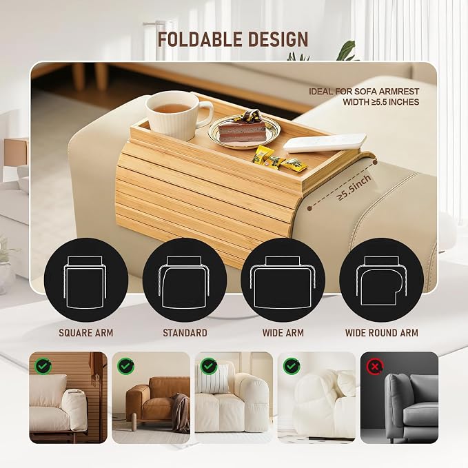 Bamboo Sofa Armrest Tray, Foldable Couch Arm Table with Anti-Slip & Waterproof Design, Versatile Sofa Arm Organizer for Drinks, Snacks, Remote Control, Fits Most Sofa Arm Widths (Bamboo)