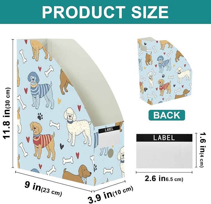 Emelivor Pets Blue Dogs Print Magazine Holder Set of 3 Desk File Organizer Foldable Vertical Folder Holder with Labels for Office Organization Book Bins for Library Classroom Home