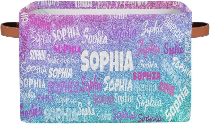 Personalized Name Storage Basket, Gradient Purple Blue Glitters Print | Organizing Boys Girls Pets Toys Closet Shelf Clothes Books