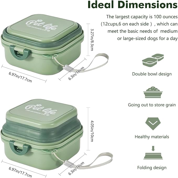 Collapsible Dog Bowls, Travel Food and Water Double Bowl for Cats & Dogs, 2-in-1 Portable BPA-Free Feeding Solution, Perfect for Traveling, Camping & Walking (L/ 100oz)
