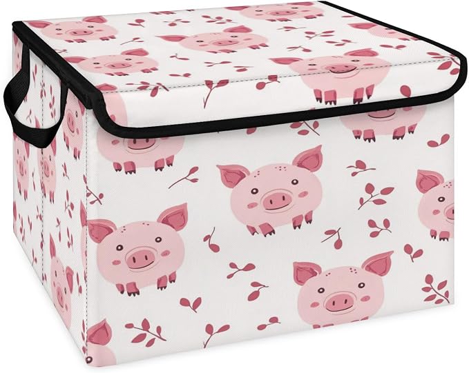 Pink Pig Storage Bins with Lids, Cute Pigs Foldable Storage Boxes with Carrying Handle Organizer Containers Baskets Cube for Home Bedroom Closet