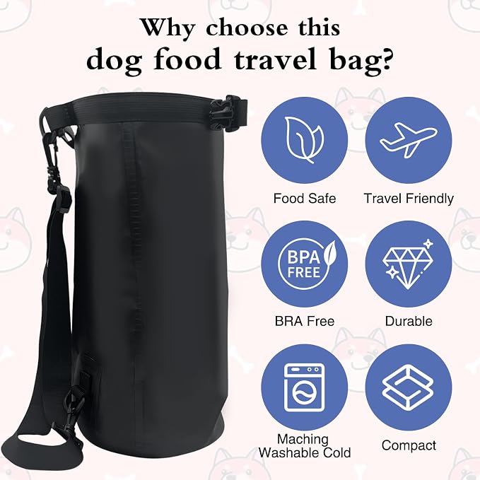 Dog Food Travel Bag, 20L Large Pet Food Travel Storage Bag with Shoulder Strap Waterproof Portable Puppy Feeder Container Food System to Keep Food Fresh for Camping Hiking-Black