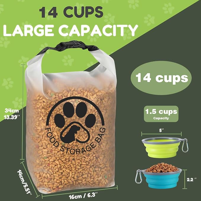 Pet Food Storage Bag for Travel - Transparent Leak-Proof Dog Food Container with Roll-Top Closure, Keeps Kibble Fresh for Camping Trip, Dog Boarding, Weekend Getaways (14 Cups+bowl)