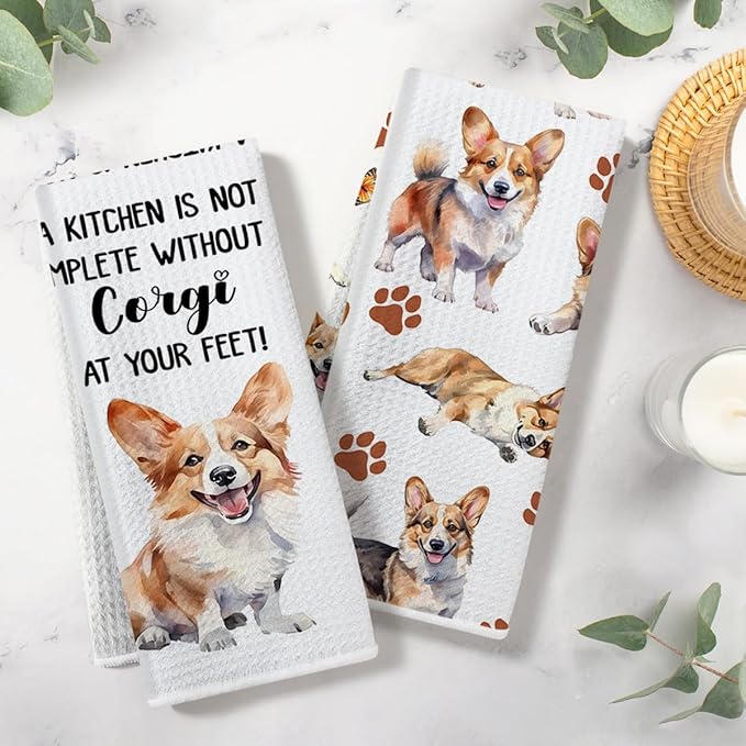 Corgi Waffle Weave Kitchen Towels, Quick Dry Multipurpose Hand Towels for Bathroom, Absorbent Reusable Cloth Tea Dish Towels for Home Decor, Dog Lover Gift Towel Set of 2