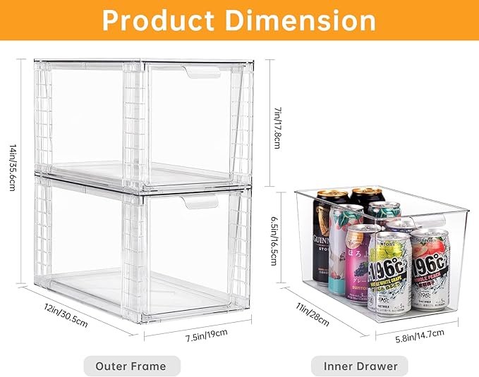 4Pack Large Stackable Kitchen Storage Drawers Holder, Clear Foods Organizer Bins with Handles, Easily Assemble for Bathroom, Kitchen, Pantry, Cabinet, Closet