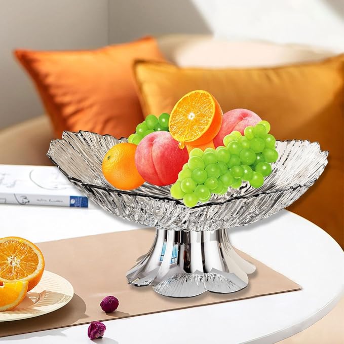 Pedestal Fruit Bowl, Snack Storage Holder, Fruit Tray, Dessert Display Stand, Decorative for Living Room Kitchen Home, E with Silver Base, White