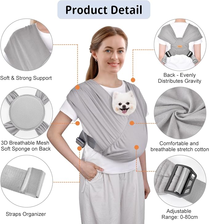 Swaddle Dog Sling Carrier for Small Dogs, Front Pet Sling Carrier Chest,Hands Free Adjustable Cat Sling Carrier Soft Cotton Reducing Pain Puppy Sling Carrier for Small Pet Up to 10lb (Light Gray)