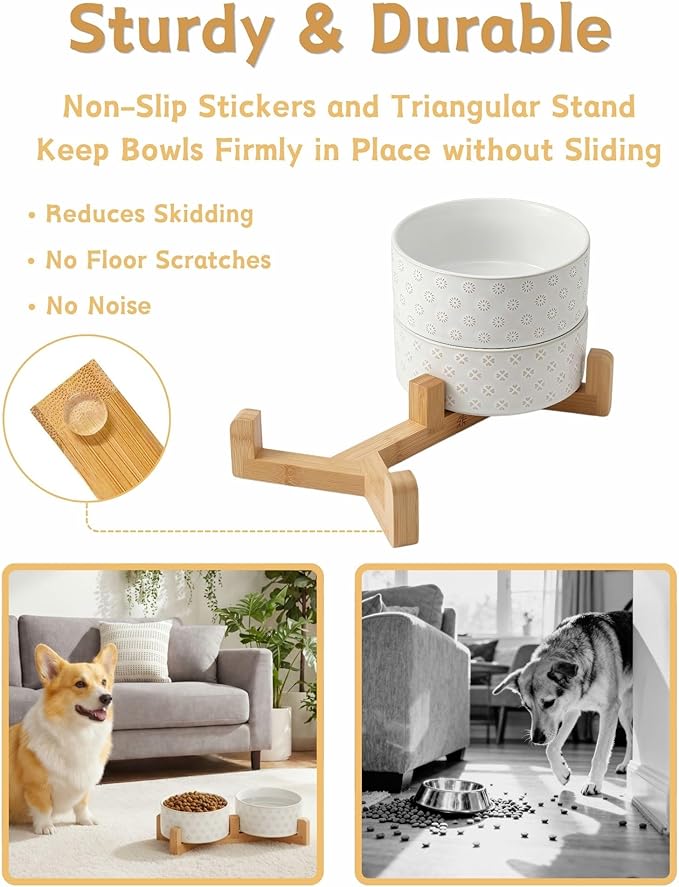 TRUVIC Ceramic Dog Bowl Set of 2 with Wood Stand, Jun Blanc Daisy & Clover Relief Dog Food and Water Bowl Set, 3.5 Cup/28 oz Puppy Food Bowls for Medium Dogs, Dishwasher Safe