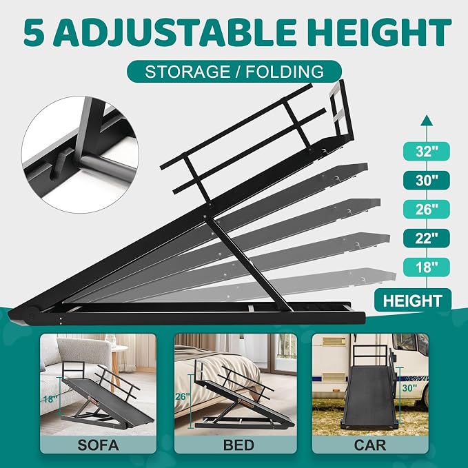 Dog Ramp for Bed & Couch, Foldable Wooden Pet Ramp, 5 Adjustable Heights | Height up to 31", Portable Dog Ramp with Non-Slip Rubber Surface & Safety Railings, Pet Ramp for Small, Large, Senior Dogs