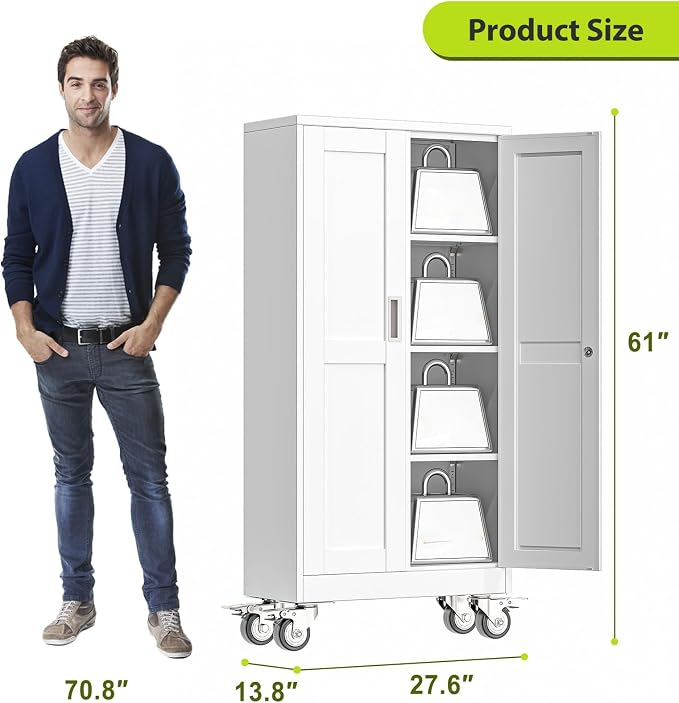 61-Inch Metal Garage Storage Cabinet with Wheels, Locking Doors and Shelves | 3 Adjustable Shelves, Locking Doors, Magnetic Closure, 360° Casters, Anti-Tip Kit, Cold-Rolled Steel