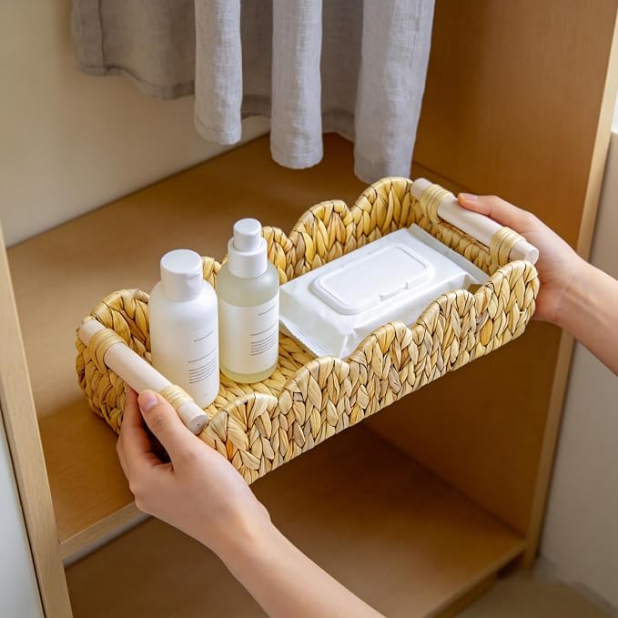 Decorative Toilet Paper Storage Basket, Modern Farmhouse Home Decor Scalloped Basket for Organizing, Pantry Baskets for Shelves, Countertop, Living Room, Wood Handles, Natural Water Hyacinth (1Pack