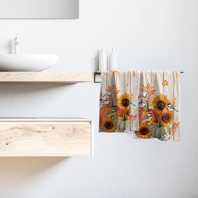 Giwawa 2PCs Fall Autumn Towel- Orange Green Pumpkin Sunflowers Birds Wood Board Hand Face Towels- Thanksgiving Harvest Leaf Soft Microfiber Dish Towel for Bathroom Guest Season Hotel Gym Decor